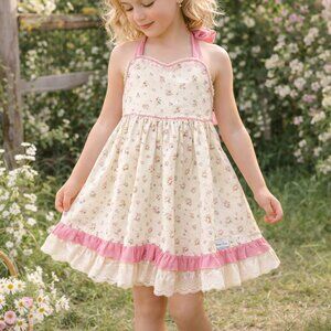 Makena Lane Boutique Girls Cottagecore Dress Size 7 Pink Floral Prairie Ruffle